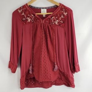 Knox Rose Tops - Knox Rose Red Boho Peasant Tassled Tunic Knox Rose Tops - Knox Rose Red Boho Peasant Tassled Tunic